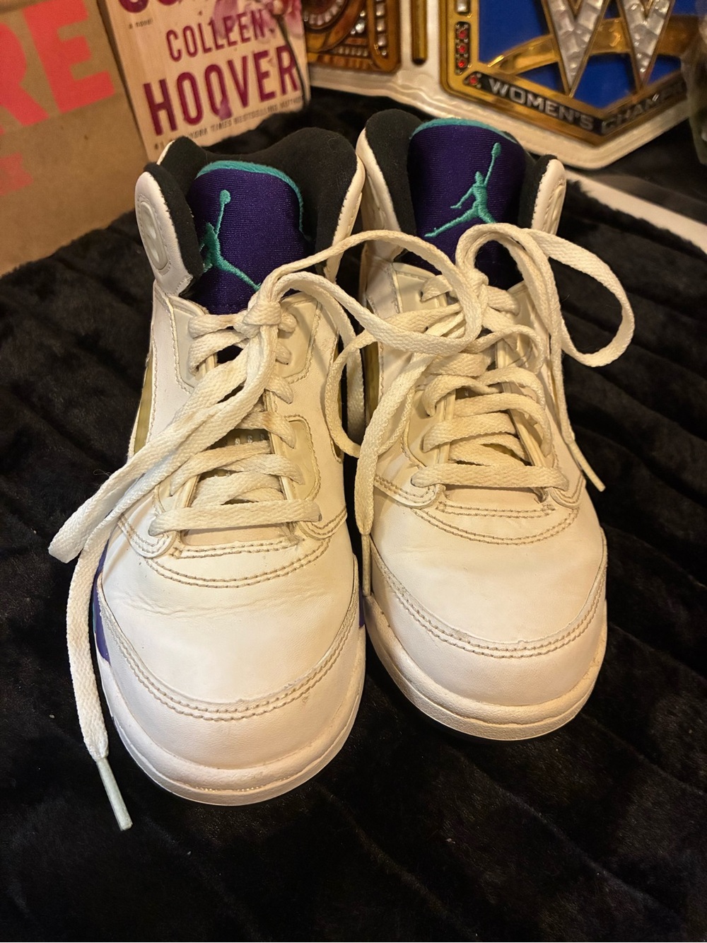 Jordan Kids White High-Top Sneakers with Purple and Teal Tongues